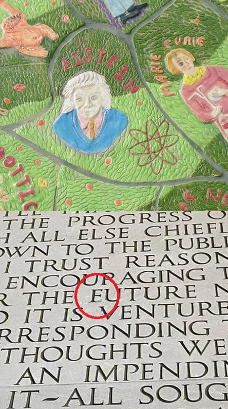 Art typos: Einstein spelled Eistein and FUTURE spelled EUTURE
